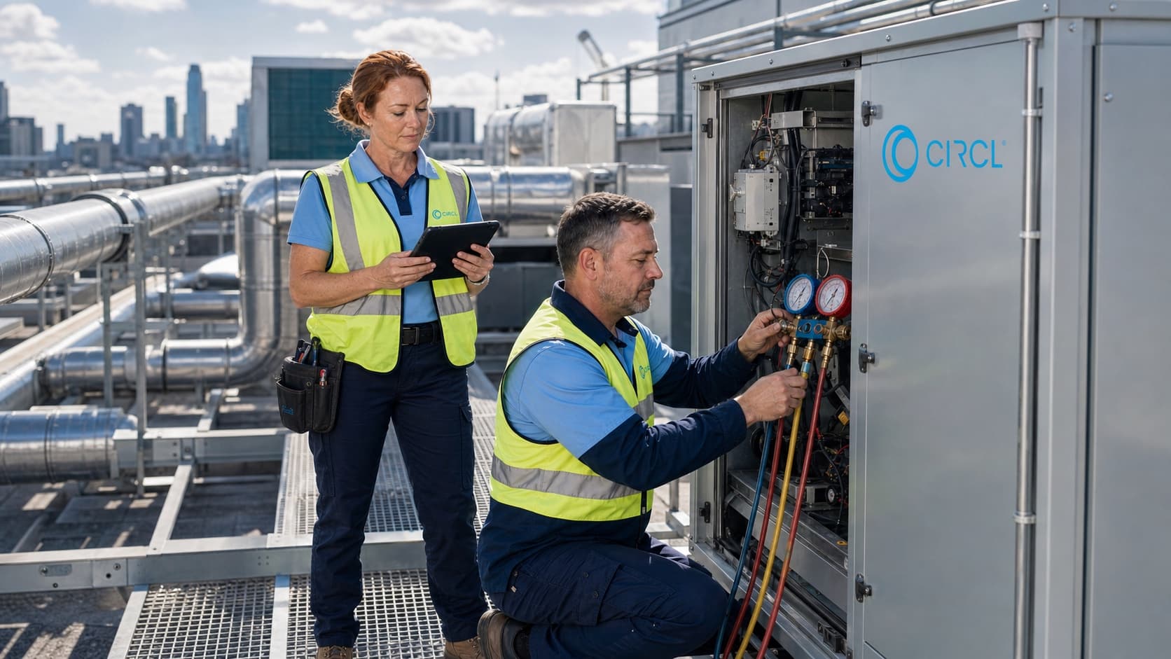 Circl HVAC technicians inspecting an operational commercial mechanical system