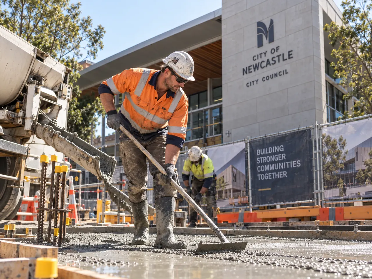 Construction worker levelling fresh concrete outside Newcastle City Council