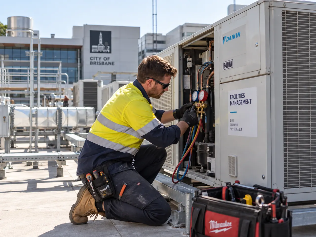 Facilities technician servicing a rooftop air-conditioning unit