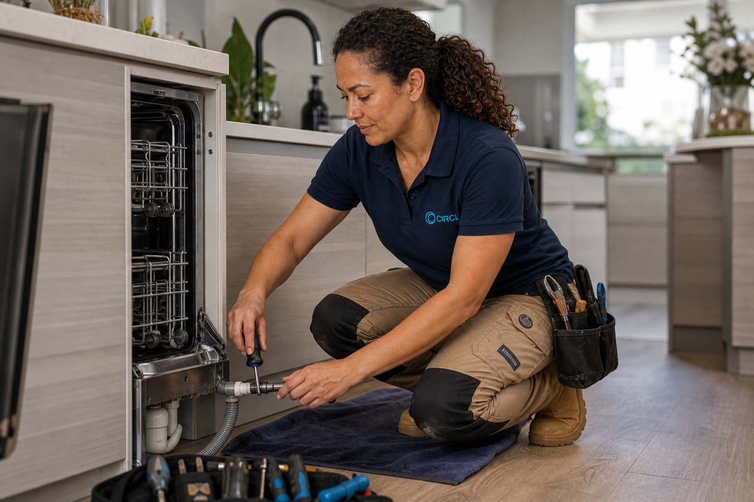 Circl plumbing and appliance technician servicing a dishwasher connection