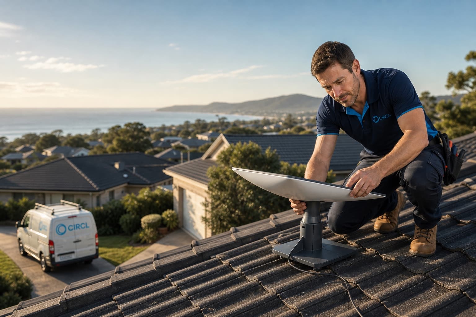 Circl connectivity technician aligning satellite equipment on an Australian rooftop